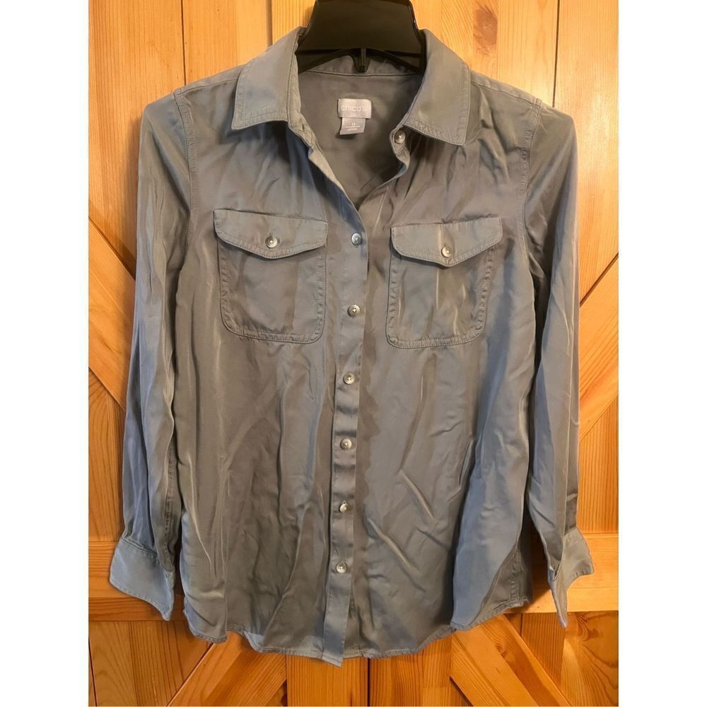 Chicos Blouse Womens Size Small Soft Drape Button Up Shirt Gray 0/Small (1483)